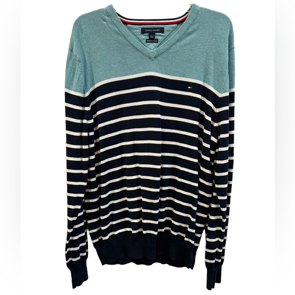 Tommy Hilfiger cotton men’s striped v neck sweater size XL GUC